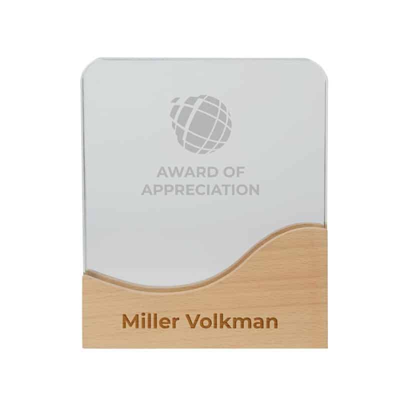 Custom Ola Crystal Award with Wood Base - 1