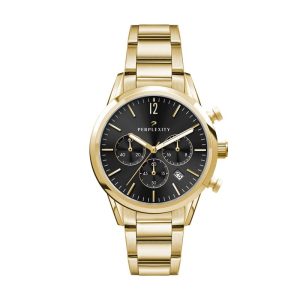 Watch Creations 34MM, 3 HAND, GOLD PLATED STEEL CASE, SUNRAY BLACK DIAL, GOLD PLATED WRAPPED EDGE ST