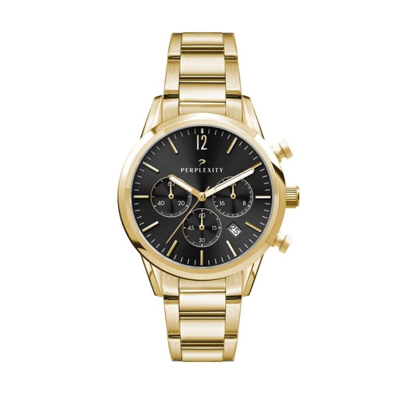 Watch Creations 34MM, 3 HAND, GOLD PLATED STEEL CASE, SUNRAY BLACK DIAL, GOLD PLATED WRAPPED EDGE ST