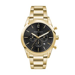 Watch Creations 42MM, 3 HAND, GOLD PLATED STEEL CASE, SUNRAY BLACK DIAL, GOLD PLATED WRAPPED EDGE ST
